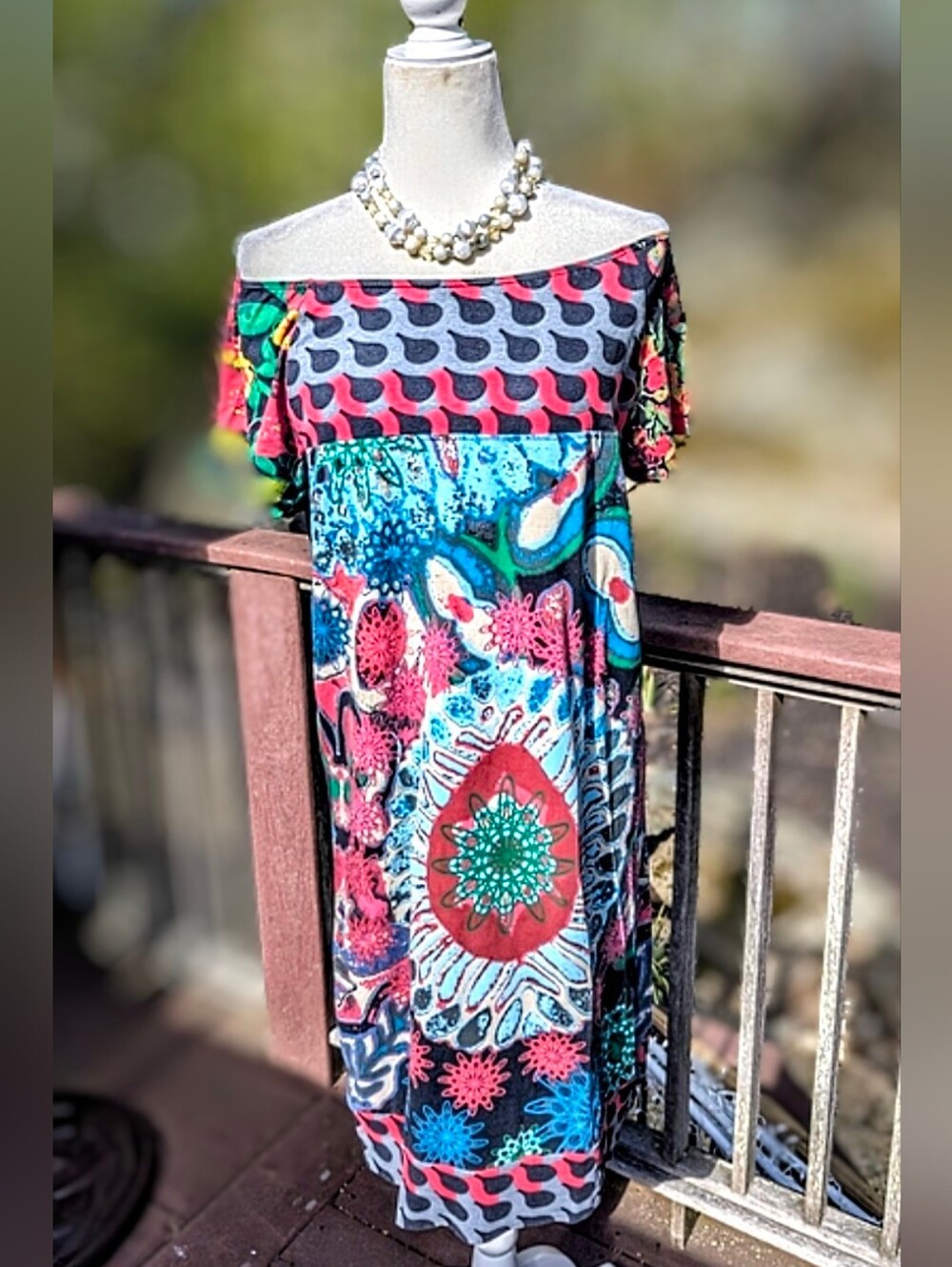 Desigual Cotton Stretch T Shirt Off-Shoulder Midi Dress in Teal, Red & Black